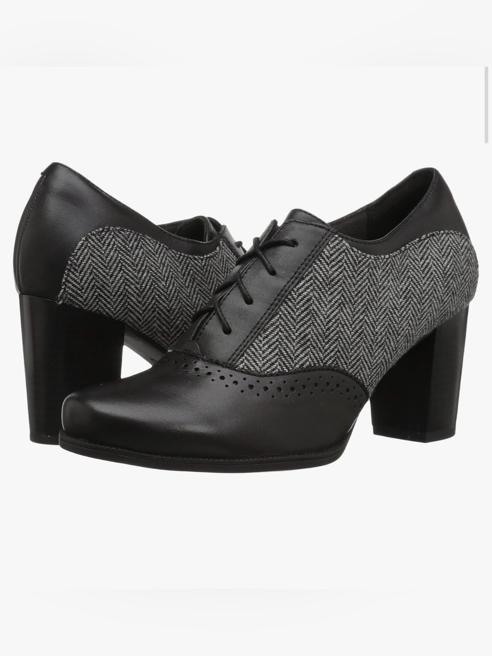 Clarks Claeson Pearl Oxford Black & Gray Herringbone Lace-Up Block Heel Sz 9.5